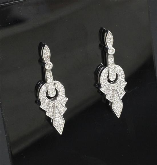 A modern pair of Victorian style 9ct white gold and diamond drop earrings, 36mm.